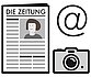 Zeichnung von einer Zeitung, rechts daneben steht eine Kamera und darüber befindet sich ein Zeichen für das Internet